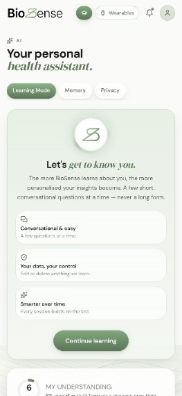 The BioSense app — your personal health assistant, with Learning Mode and an understanding profile built from your answers