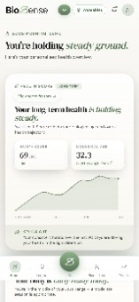 The BioSense app dashboard — long-term health overview with score, trends and recovery recommendations