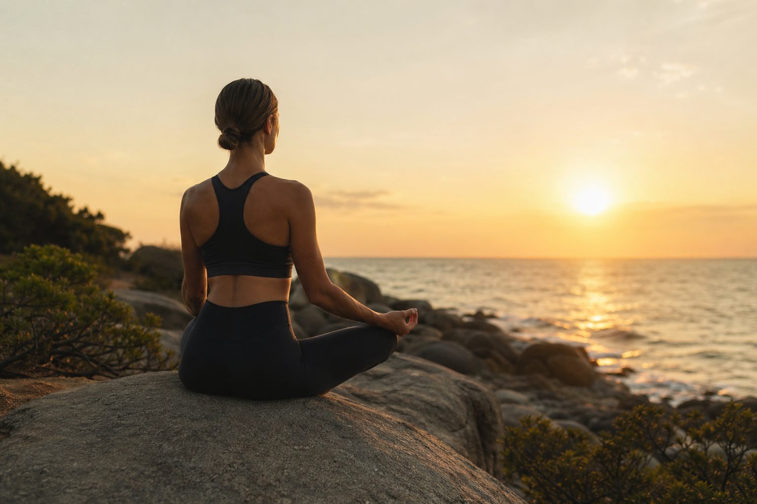 A woman in meditation at sunset by the ocean