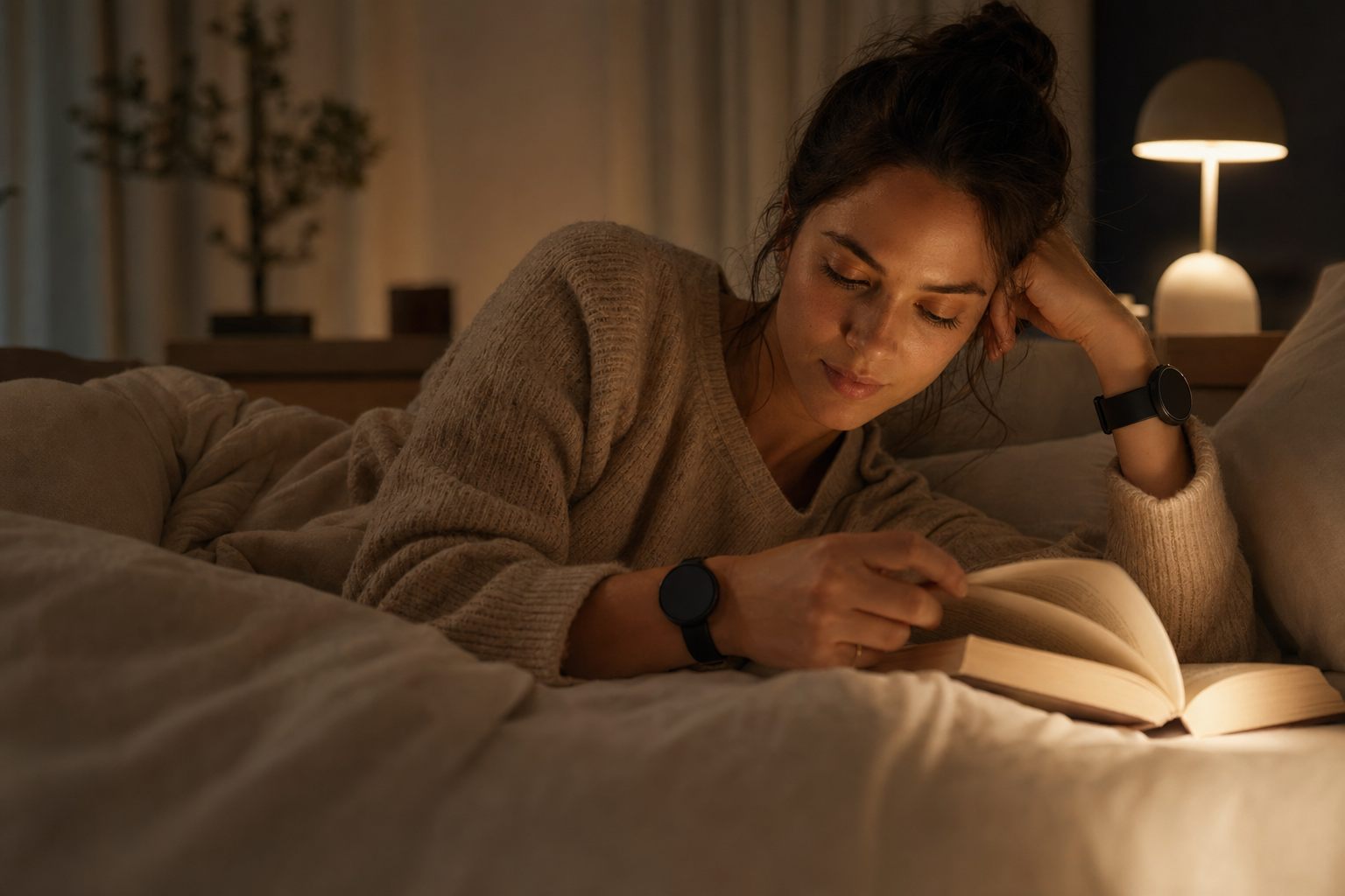 A woman reading in bed under warm lamp light, wearing a smartwatch